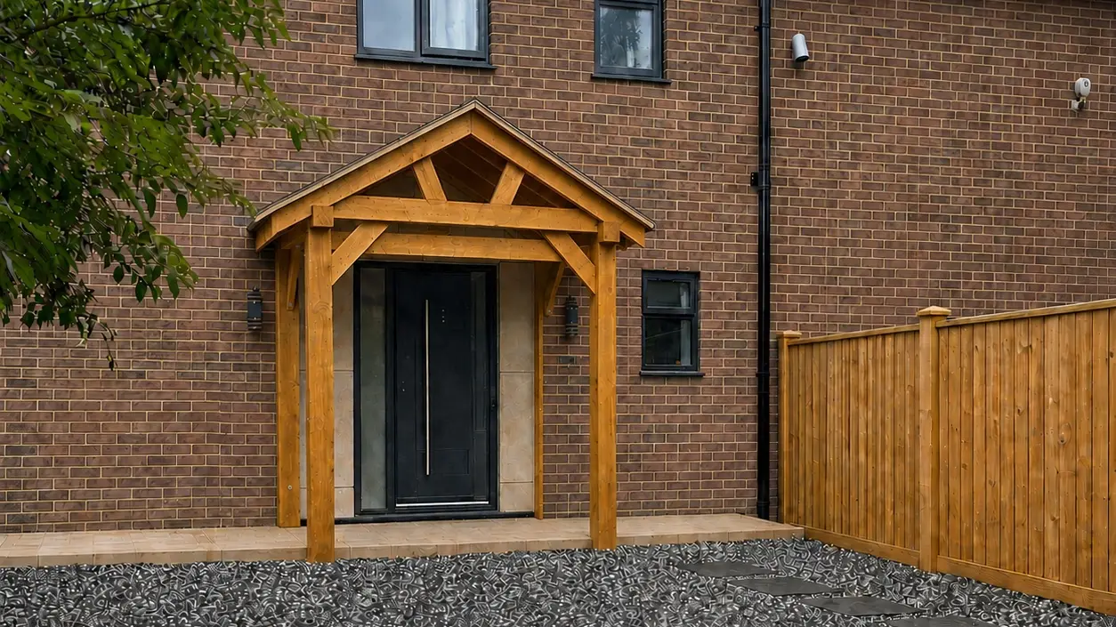 Completed Farnham Royal new-build home with brick frontage, oak entrance porch and oak-coloured boundary fence
