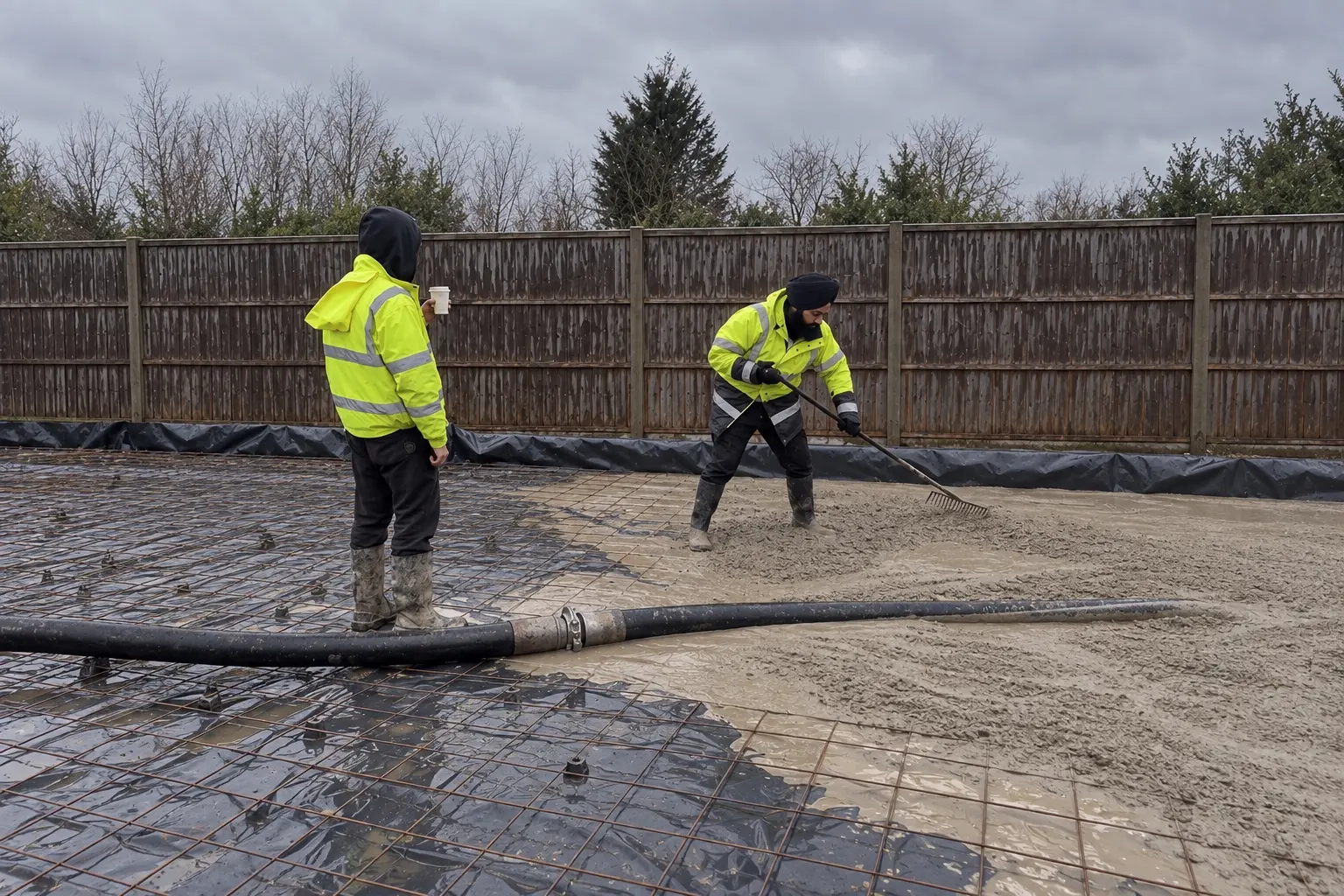 Concrete slab being poured over reinforcement at Farnham Royal