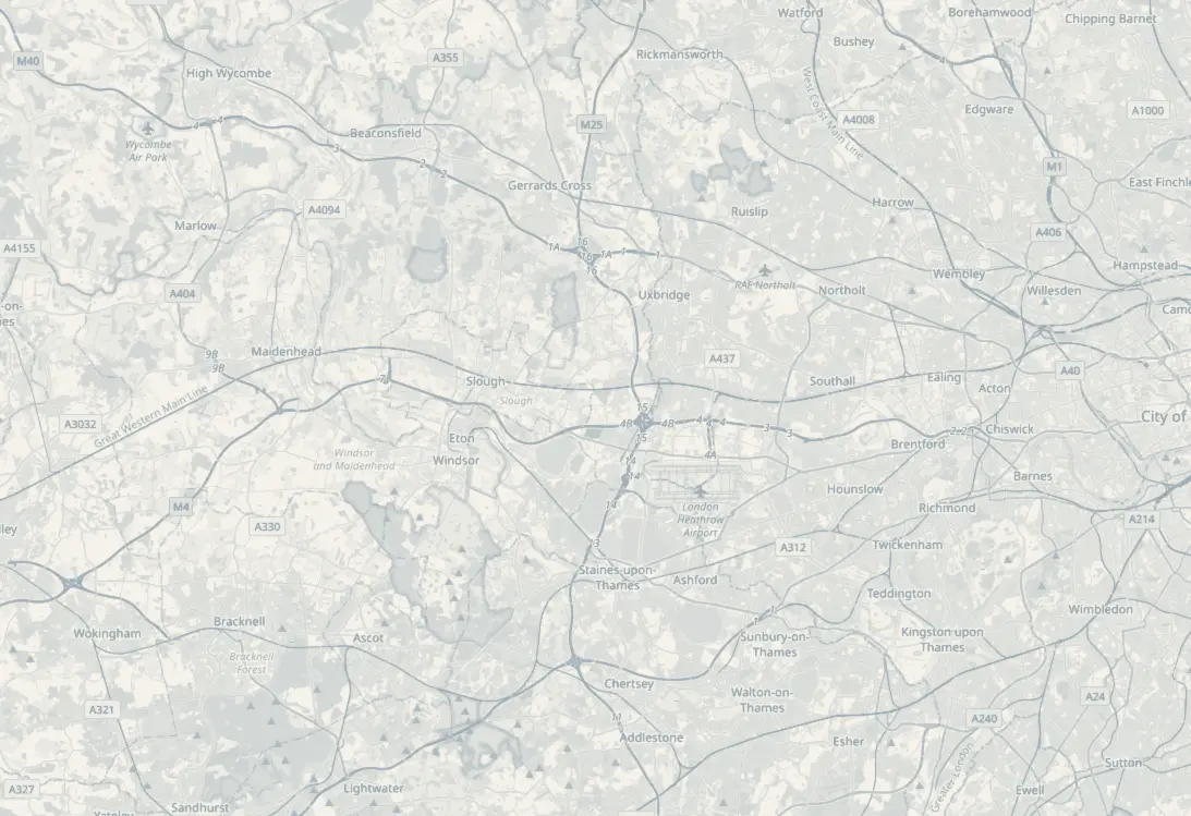 Road map of the BHC service area across Berkshire, Buckinghamshire, Surrey, West London and the Heathrow corridor