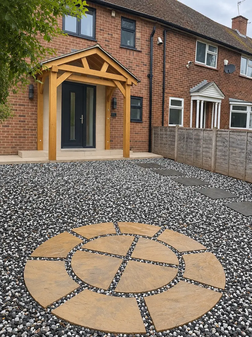 Completed brick home entrance and oak porch at Farnham Royal
